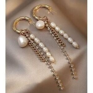 Pearl Dangle Earrings Gold Hoop Chain Rhinestone Drop Earrings Women‎